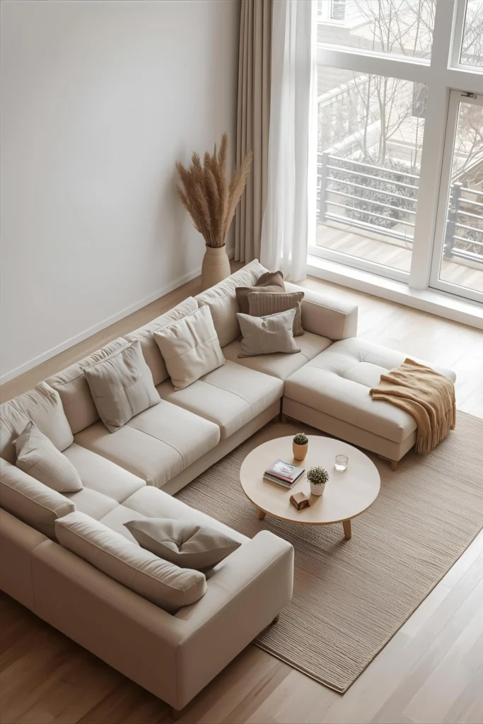 Beige sectional sofa styled in a modern neutral living room