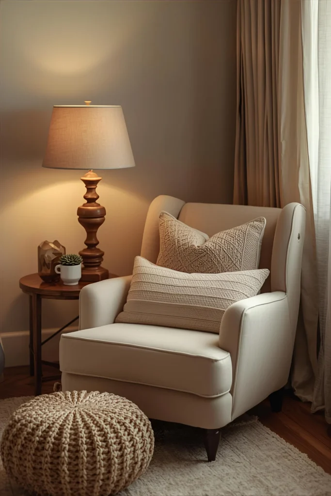 Cozy reading corner with beige chair and warm lighting