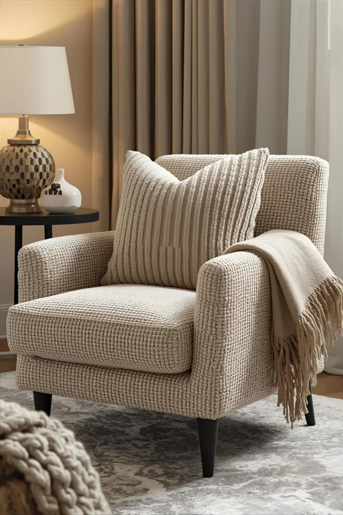 Bouclé chair and textured throws enhancing cozy neutral living room decor