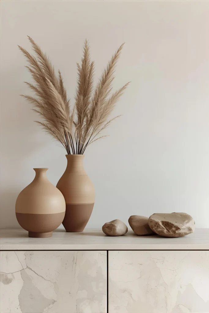 Earthy ceramic vases styled in a neutral living room