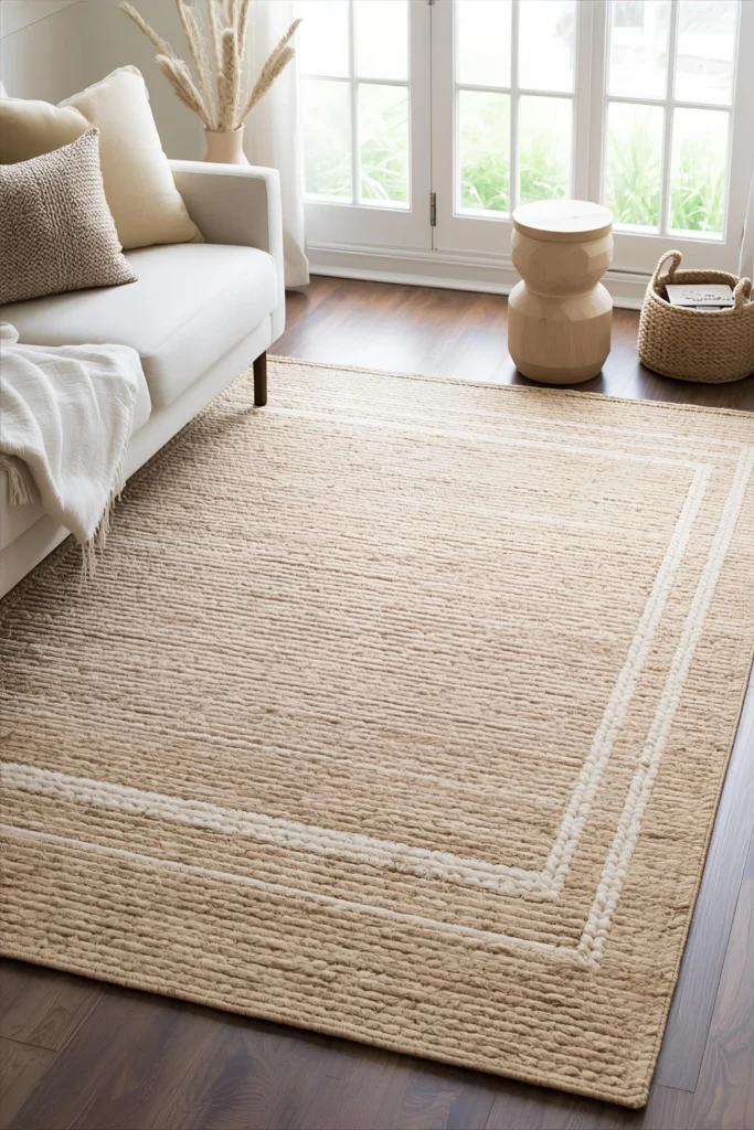 Layered neutral rugs adding warmth to a cozy living room