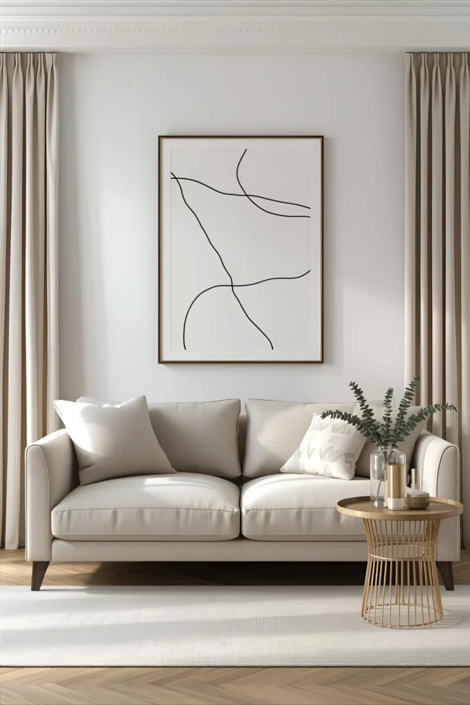 Minimalist wall art and linen curtains in a neutral living room