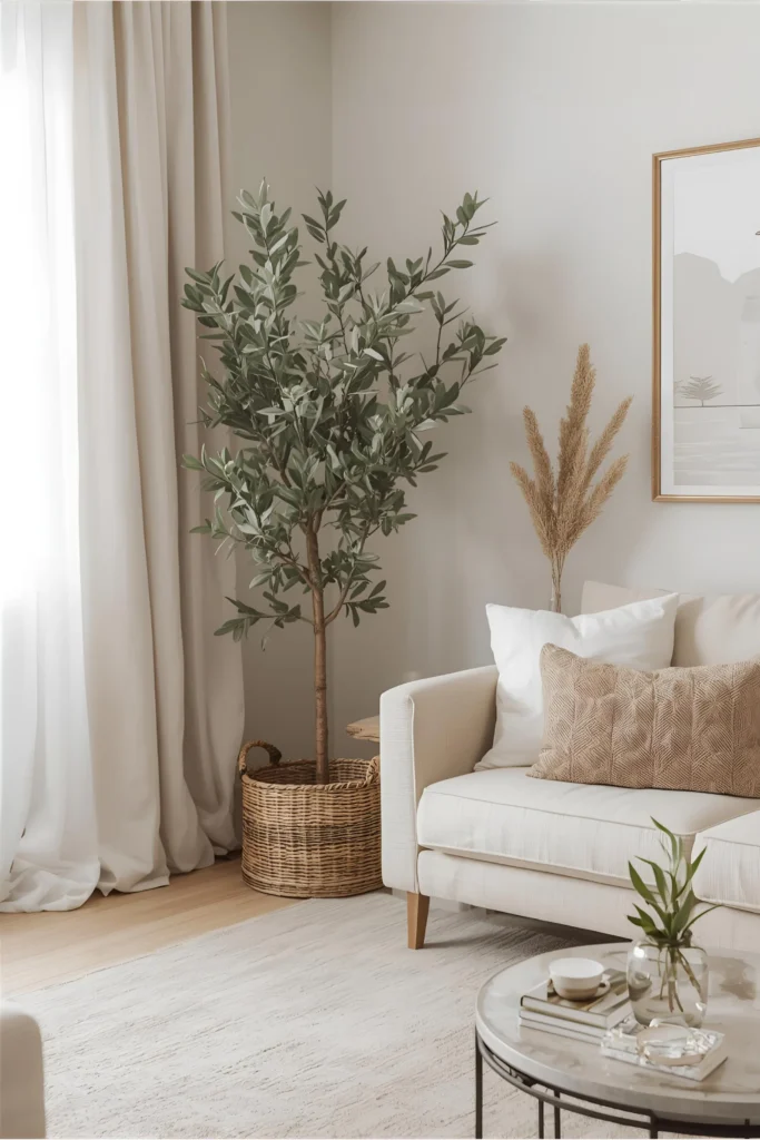 Faux olive tree styled in a modern neutral living room