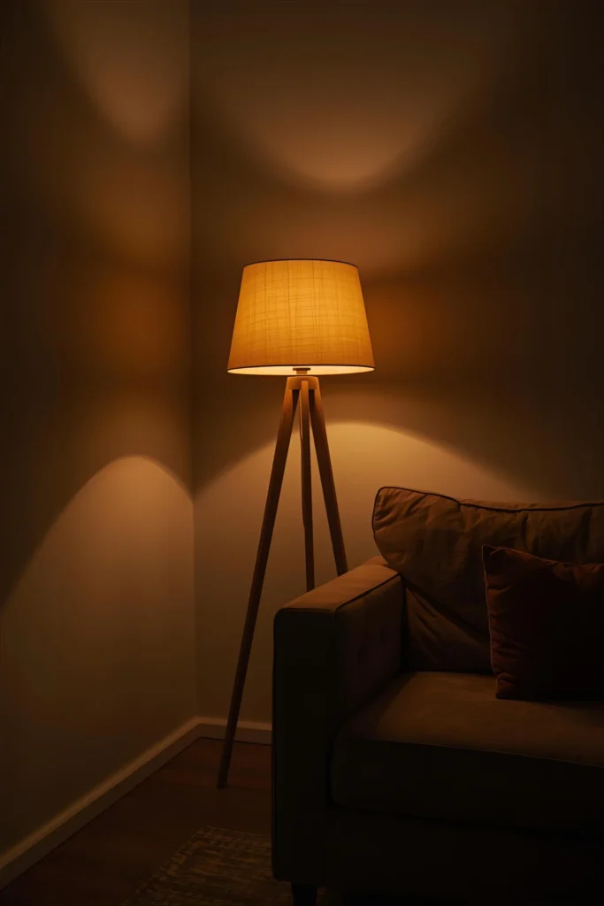 Warm ambient lighting in a cozy neutral living room
