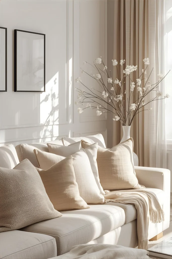 Neutral living room with beige and cream tones layered softly with minimalist decor